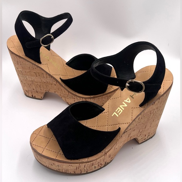 CHANEL Suede Kidskin Wedge Sandals in Black - Picture 3 of 8
